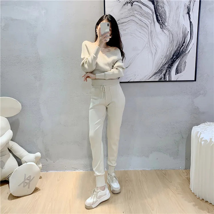 Elegant Tracksuit Sexy Two Piece Set Women Korean Style Ribbed Knitted Backless Top And Long Harem Pant Suit Autumn Outfits y2k