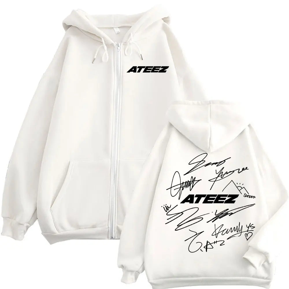 Limited Kpop ATEEZ Logo Double Sided Print Zipper Hoodie Fashion Hip Hop Zip Up Sweatshirts Men Women Casual Oversized Pullovers