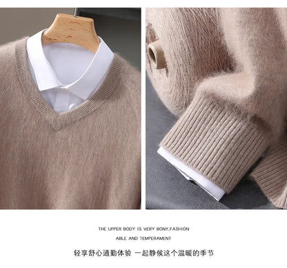 Men's 100% Pure Mink Cashmere Sweater V-neck Pullover Knit Bottoming Shirt Autumn And Winter New Long-Sleeve High-End Mink Tops