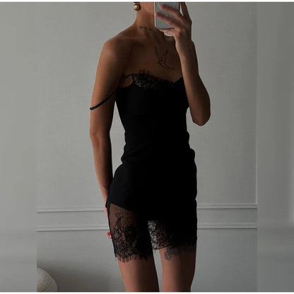 Lace Trim Sling Dress - Sleeveless Slim Fit Mini Dress With Natural Waistline