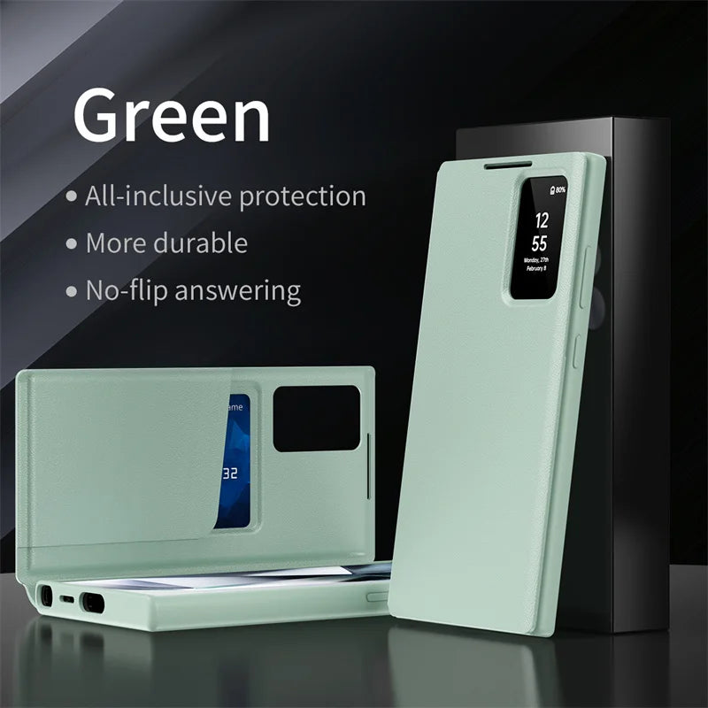 For Samsung Galaxy S25 S23 S24 S26 Ultra S25Plus Case Original PU Leather Card Pocke Flip Smart Display Transparent Window Cover