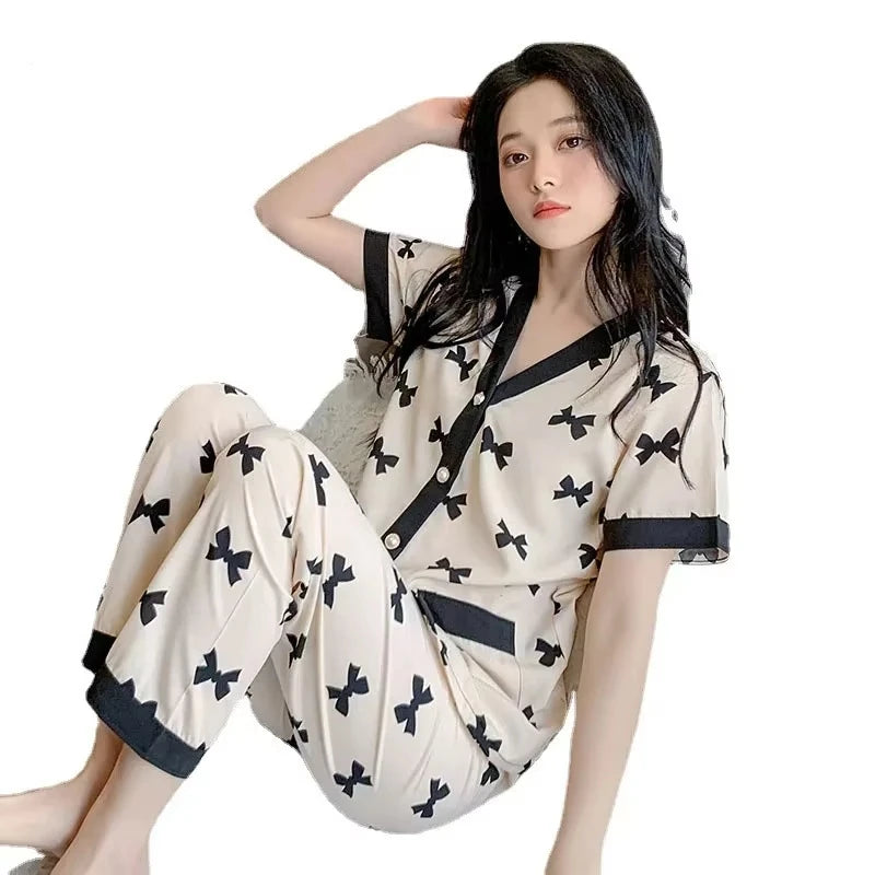 Korean Pajamas Set for Women Summer Spring Kimono Sleepwear Girls Fashion Cute Ladies Pyjama Bow Pijamas Japanese Loungewear