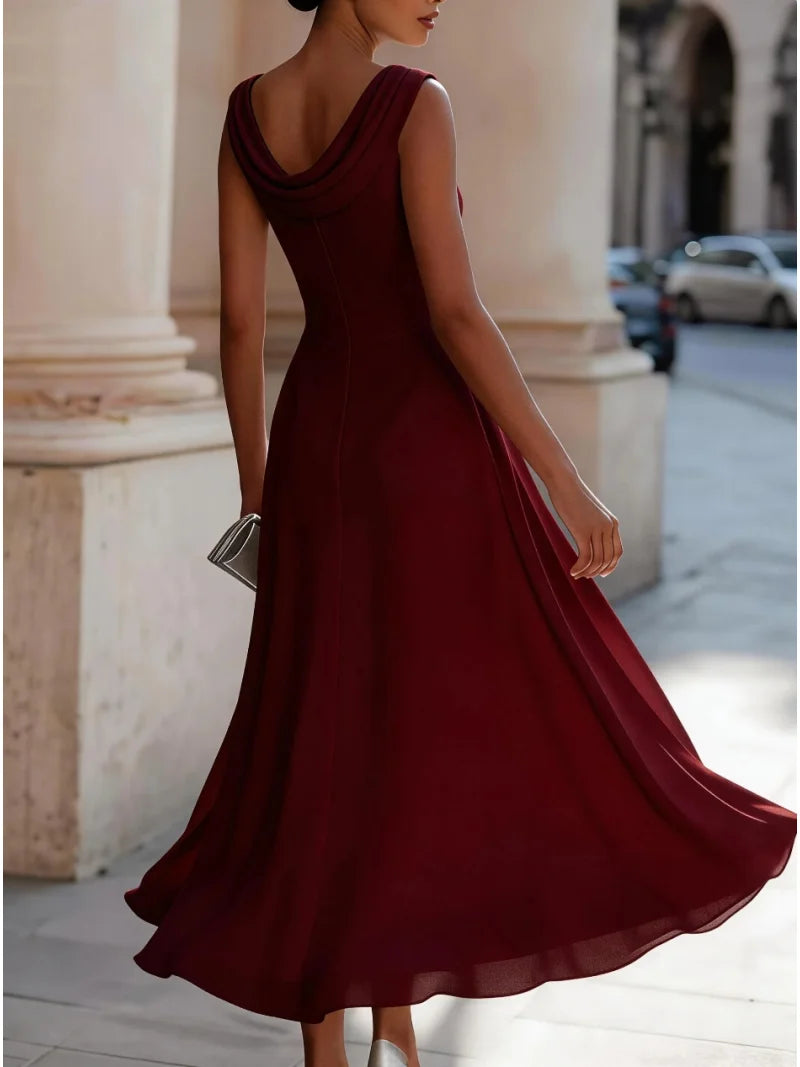 Women's Sleeveless Cowl Neck A Line Chiffon Midi Dress for Cocktail Party and Wedding Guest