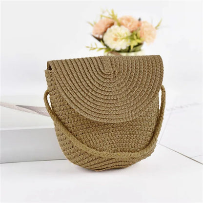 Half Moon Rattan Crossbody Bag - Handmade Woven Straw Beach Bag for Women