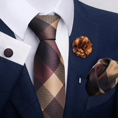Luxury Mens Floral Black Gold Tie Set - Paisley Necktie Pocket Square Cufflinks  Brooch for Weddings and Parties