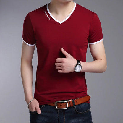 Men's V-Neck T-Shirt - Breathable Polyester Casual Tee, Solid Color Summer Top