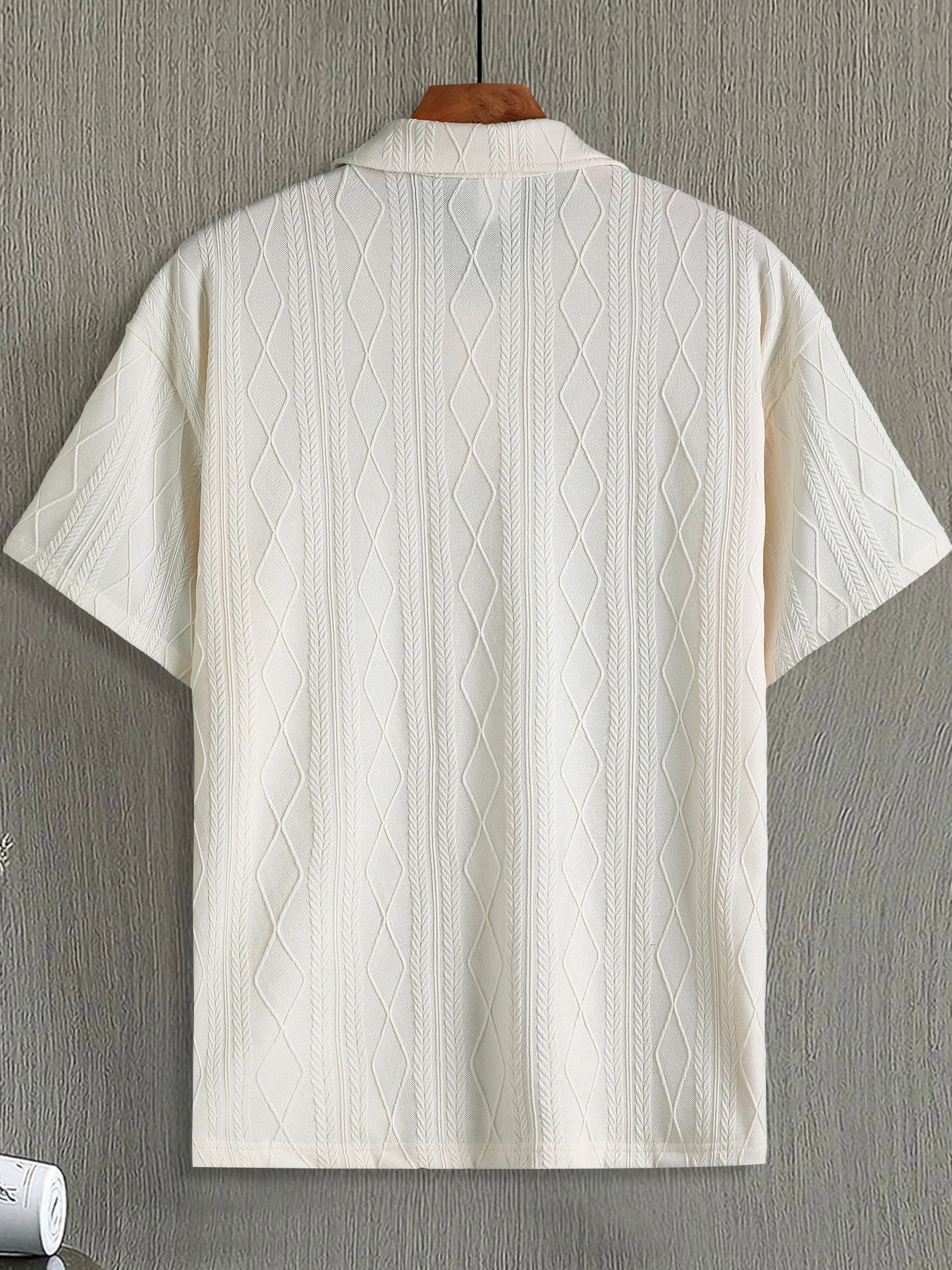 Men's Beige Argyle Texture Short Sleeve Polo Shirt Summer Loose Smart Casual Top