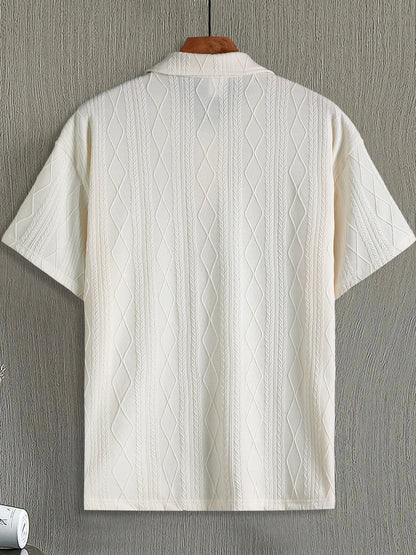 Men's Beige Argyle Texture Short Sleeve Polo Shirt Summer Loose Smart Casual Top