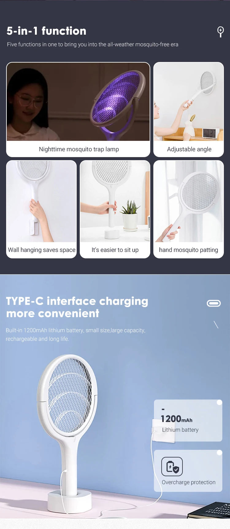 3500V 5 in1 Mosquito Killer Lamp Multicunctional Angle Adjustable Bug Zapper Electric USB Rechargeable Mosquito Fly Bat Swatter