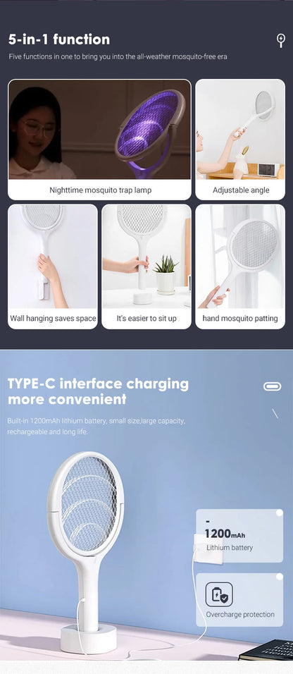 3500V 5 in1 Mosquito Killer Lamp Multicunctional Angle Adjustable Bug Zapper Electric USB Rechargeable Mosquito Fly Bat Swatter