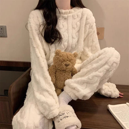 Ultra Soft Warm Coral Fleece Pajama Set Lightweight Fluffy Winter Loungewear Sleepwear For Women Cozy Home Suit Winter Style New
