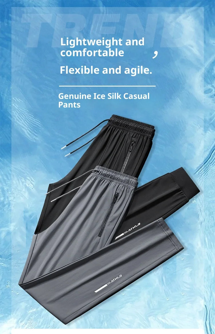 Men's Summer Plus Size Ice Silk Pants Lightweight Breathable Zipper Pockets Stretch Sweatpants for Daily Commute Sports Fitness