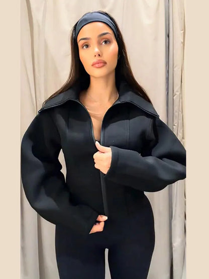 Women Black Jacket - Casual Long Sleeve Zipper Coat | Loose Fit Spring Outerwear