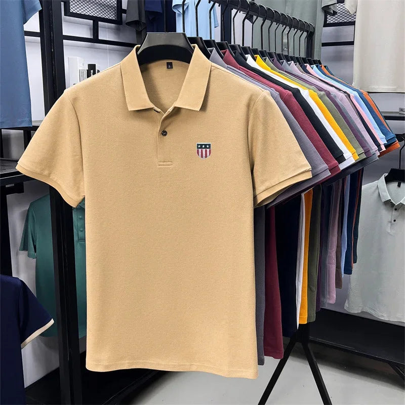 Men's Summer Luxury 100% Cotton Polo Shirt, Lapel Print Short Sleeve T-shirt, Breathable Business Casual Menswear