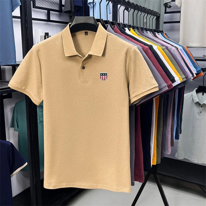 Men's Summer Luxury 100% Cotton Polo Shirt, Lapel Print Short Sleeve T-shirt, Breathable Business Casual Menswear