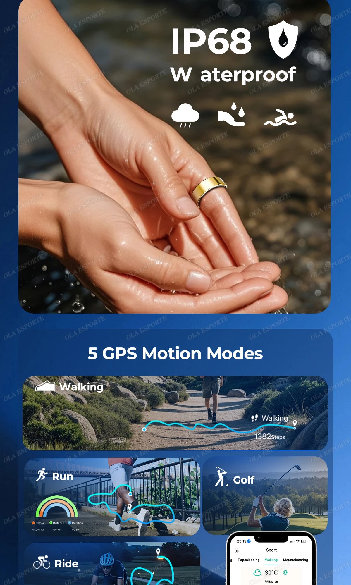Ola Esporte Smart Ring Blood Pressure Heart Rate Monitoring Smartring IP68&5ATM Waterproof Multi-sport Mode Smartring Man Women