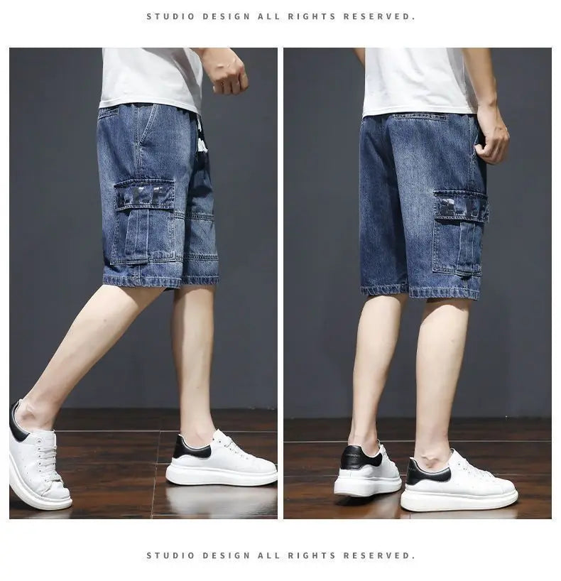 Denim Knee Length Shorts - Casual Loose Fit Multi Pocket Boyfriend Style Jeans
