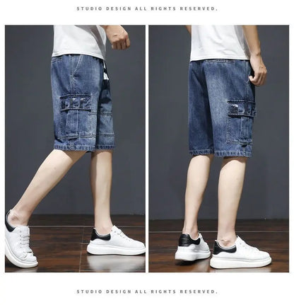 Denim Knee Length Shorts - Casual Loose Fit Multi Pocket Boyfriend Style Jeans