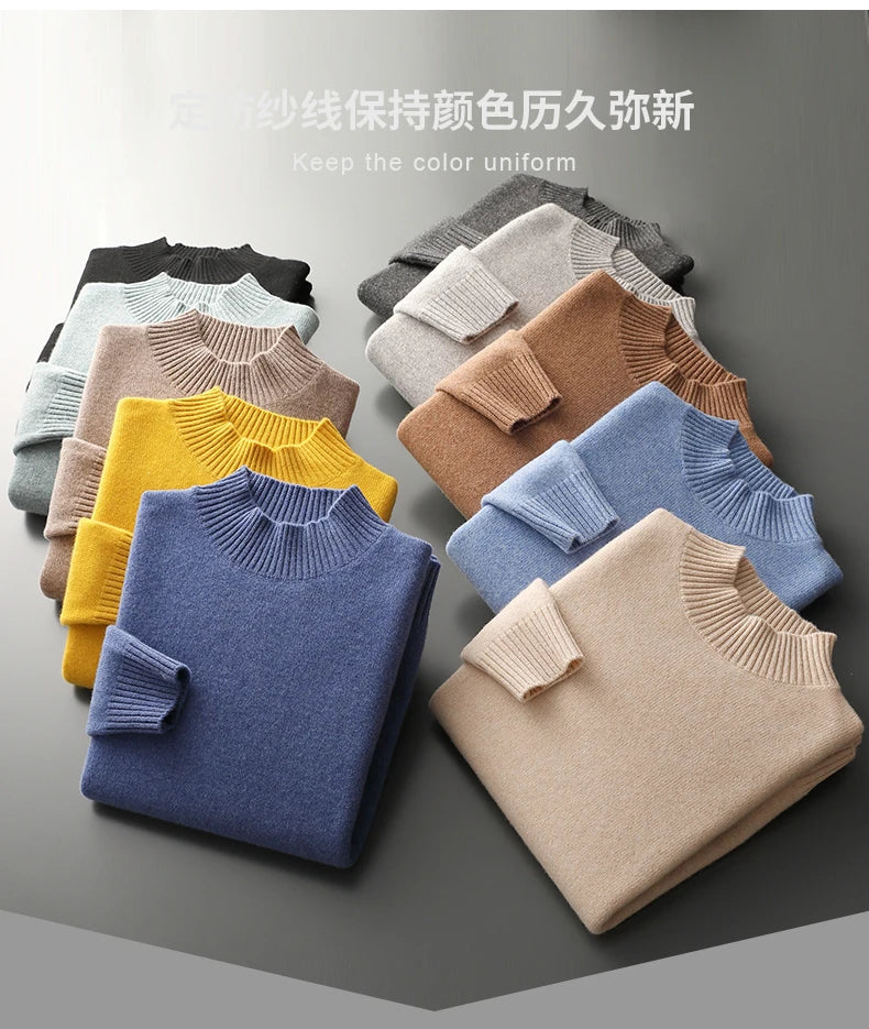 Winter Double Thick Men's Cashmere Sweater With Semi-High Neck High-End Warm Wool Knitted Bottoming Shirt