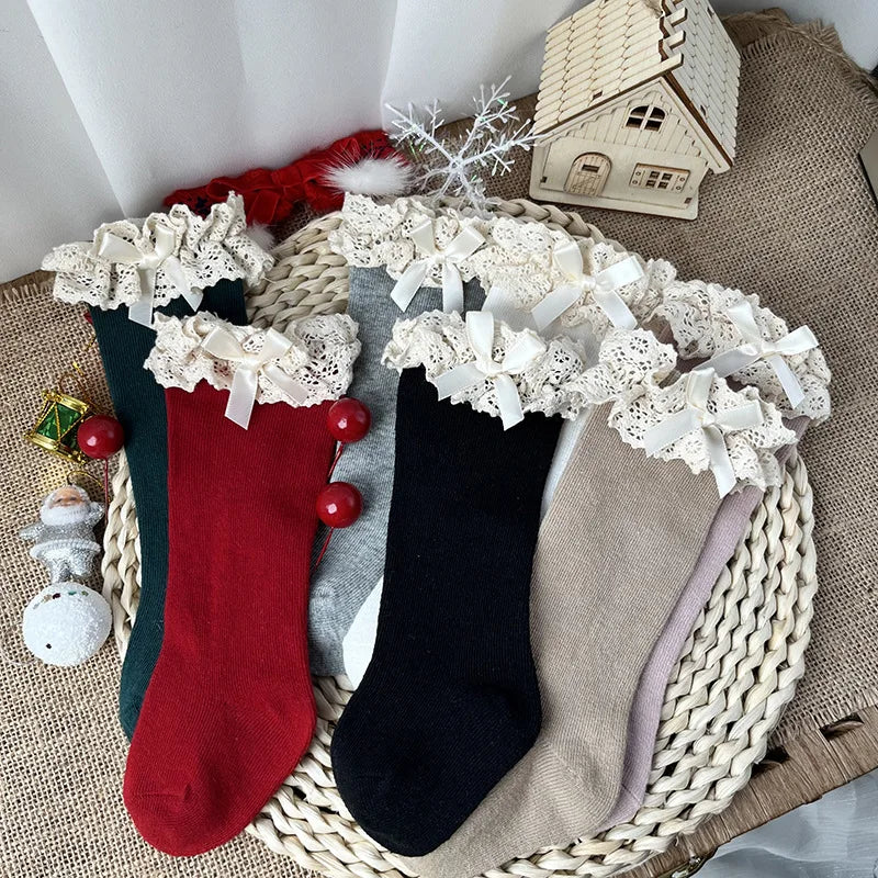 New Winter Autumn Baby Girls Knee High Socks Lace  Ruffle Long Sock Cotton Kids Toddlers Princess Christma Socken For 0-5Years