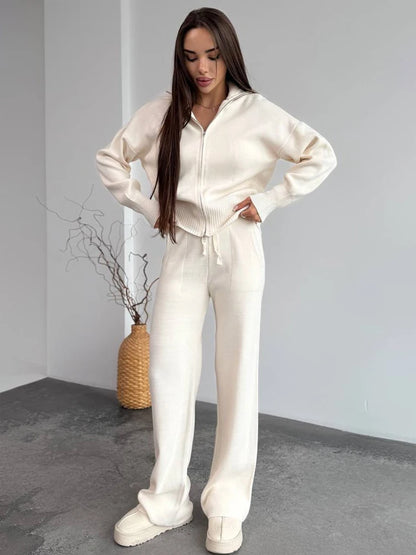 Solid Color Zipper Waist Cinching Casual Set Knitted Top Drawstring Straight Leg Pants 2-piece Sets 2026 Autumn Lady Daily Wear