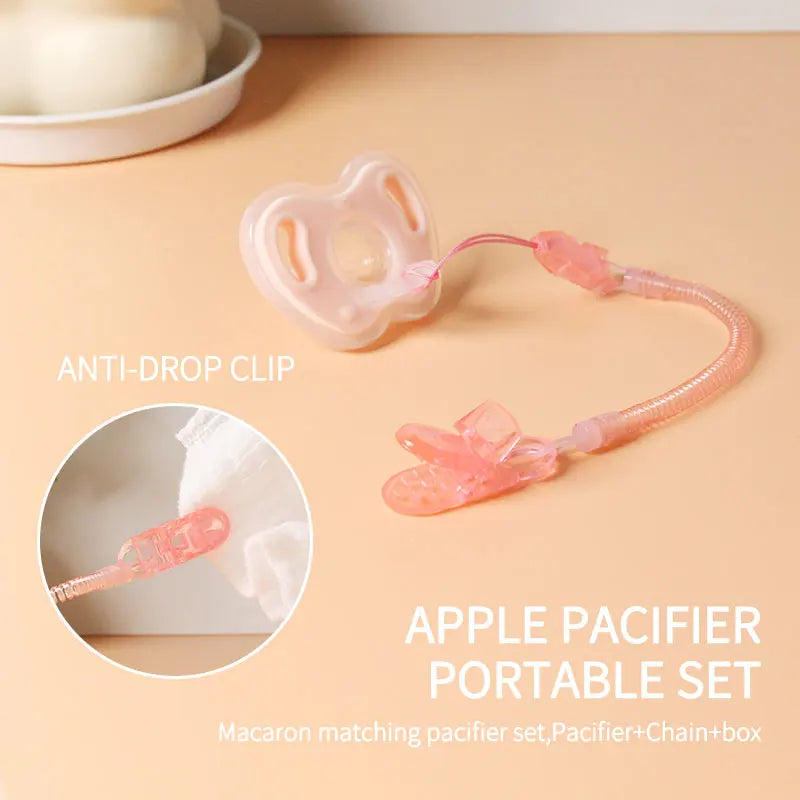 3Pcs Baby Apple Pacifier Set Silicone Soother with Spring pacifier chain and PP storage Box 100% BPA Free Portable Pacifier Set