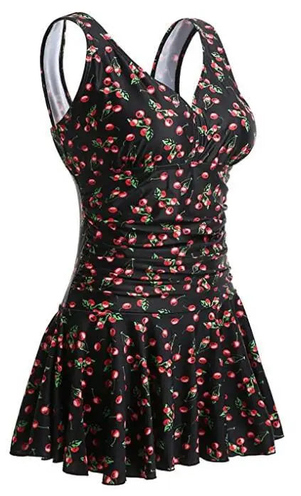 European and American Conservative Women's Large-size Printed Cherry One-piece Conservative Belly-covering and Slimming Swimsuit
