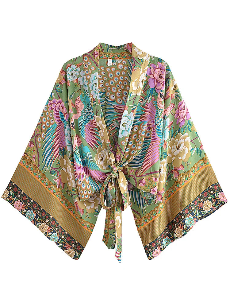 Boho Queens Women Peacock Floral Print Outfits Short Kimono Robe Bohemian Suits Wide Leg Pants 2 Pieces Rayon Boho Sets Swimsuit