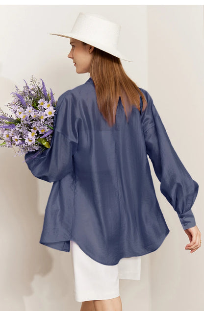 AMII Minimalist Blouse for Women 2023 Autumn Lantern Sleeve V-Neck Slightly Transparent Elegant Commuter Clothing Tops 72341030