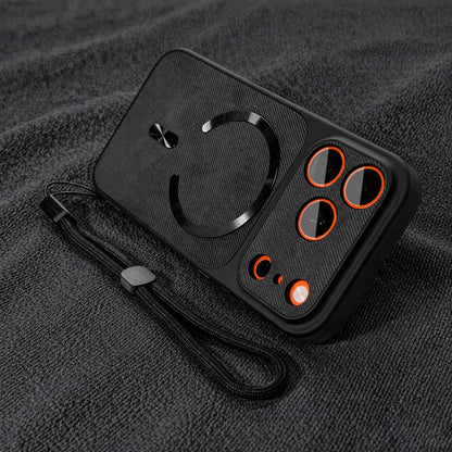 Luxury Orange Fabric Magnetic Phone Case For iPhone 17 Air 16 15 14 13 Pro Max Shockproof Protective Cover With Hand Lanyard