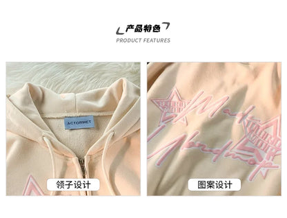 2023 Letter Print Sweatshirts Gothic Streetwear Vintage Loose Patchwork Tops Coats Zip Up Hoodies Women Harajuku Hip Hop Top