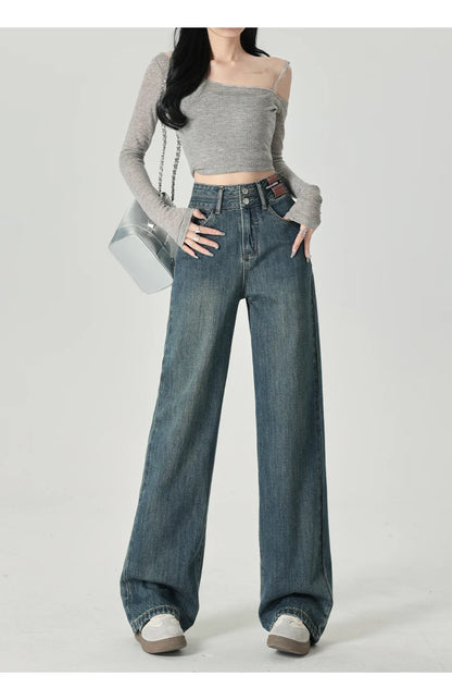 Women's Narrow Cut Wide Leg Jeans With High Waist And Hanging Feeling Straight Leg Casual Look Slim Contrasting Colors Pants
