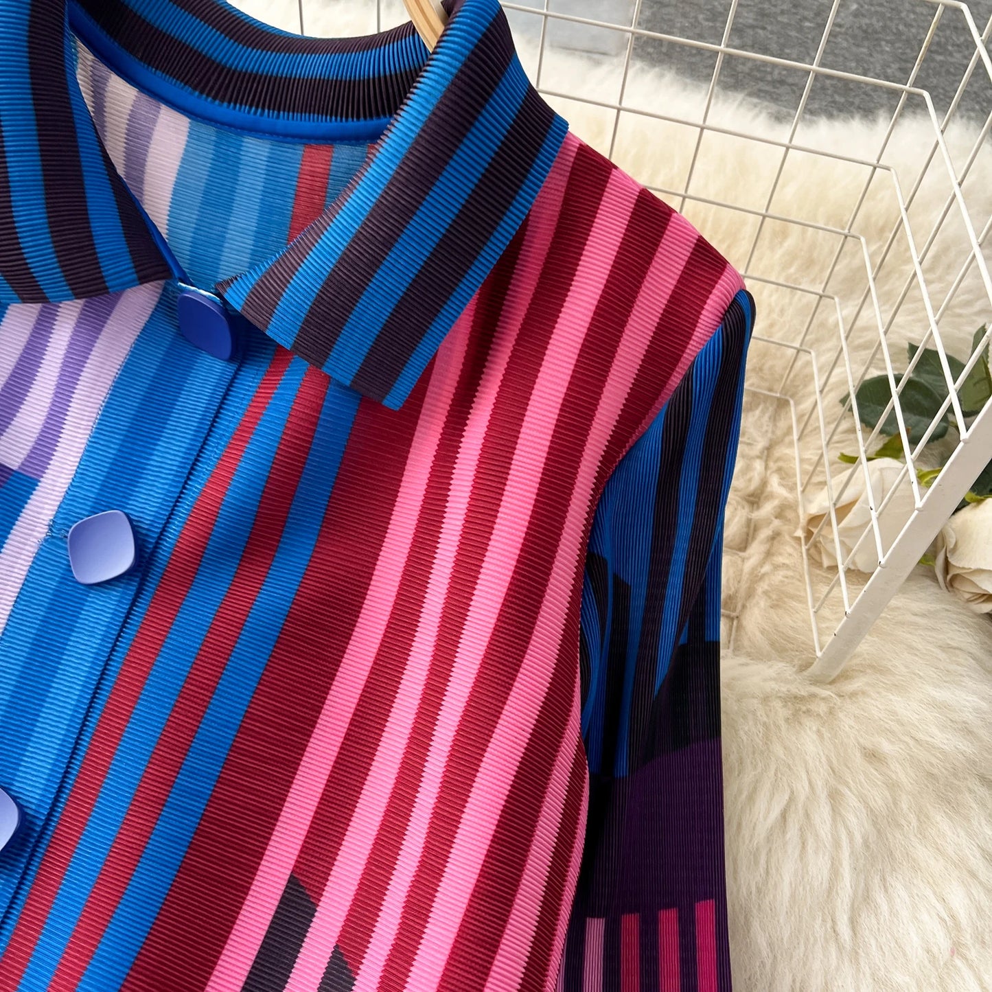 Miyake Pleated Drape Dress Women 2024 Spring Summer Colorblock Printing Lapel 3/4 Sleeve Single-breasted Fashion Shirt Dresses