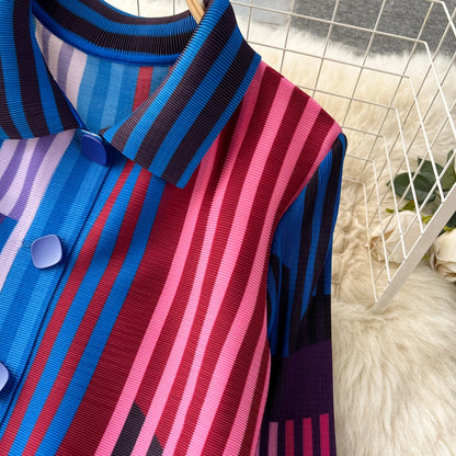 Miyake Pleated Drape Dress Women 2024 Spring Summer Colorblock Printing Lapel 3/4 Sleeve Single-breasted Fashion Shirt Dresses