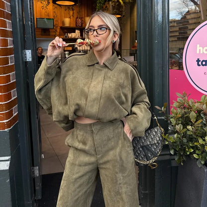 Vintage Suede Green Bomber Jacket Women Loose Lapel Full Sleeve Zipper Commute Coat 2025 Autumn Lady High Street All-match Coats