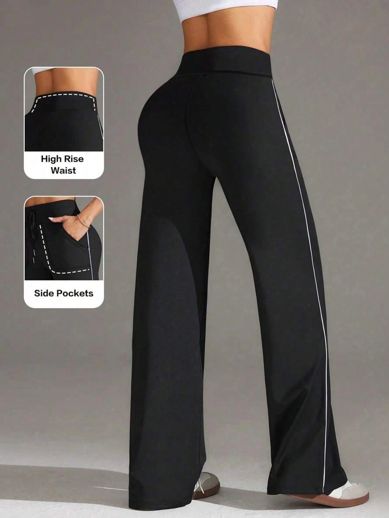 High Waist Straight Leg Casual Wide Leg Pants Side Stripe Sports Loose Slimming Yoga Trousers European Style
