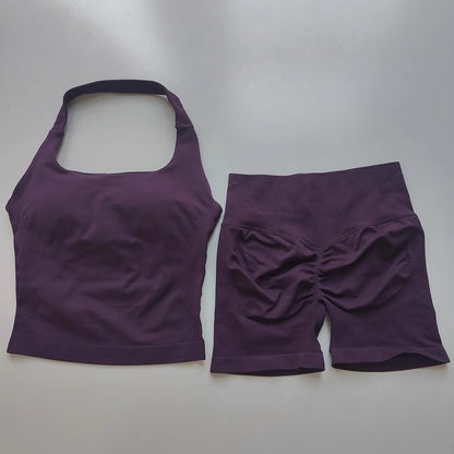 2PCs Peach High Waist Belly Hip Lifting Sports Bras Shorts Suit Gathering Shock-proof Neck Halter Yoga Suit Running Fitness Set