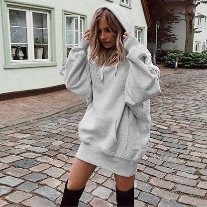Oversized Hoodie Dress Women Loose Long Sleeve Pocket Drawstring Sweatshirt Dress Casual Streetwear Daily Wear Warm Pullover