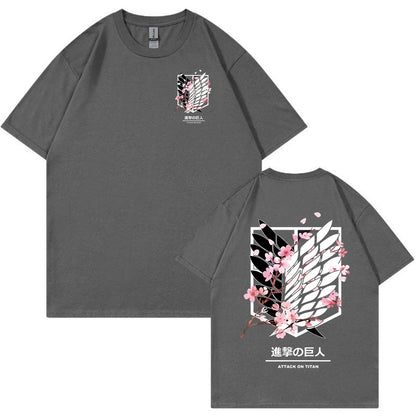 Anime Attack on Titan T-Shirt Ackerman Mikasa Eren Jaeger Cherry Blossom Graphics Logo T Shirt Clothes Men's Cotton T Shirts
