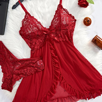 Lace V-Neck Tulle Suspenders Thong Lingerie Set - Exquisite Semi-Transparent Nightgown - ZOOMNSTORE