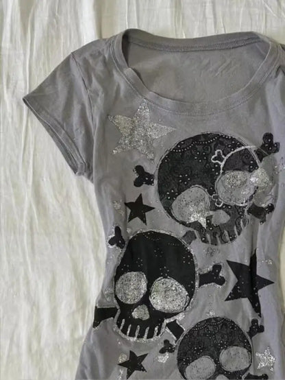 Japanese Y2k Skull Print Women's 2000s Clothes Y2k Top Subculture Tees Anime Girl Graphic T Shirts Goth Emo Kawaii Gothic Kpop