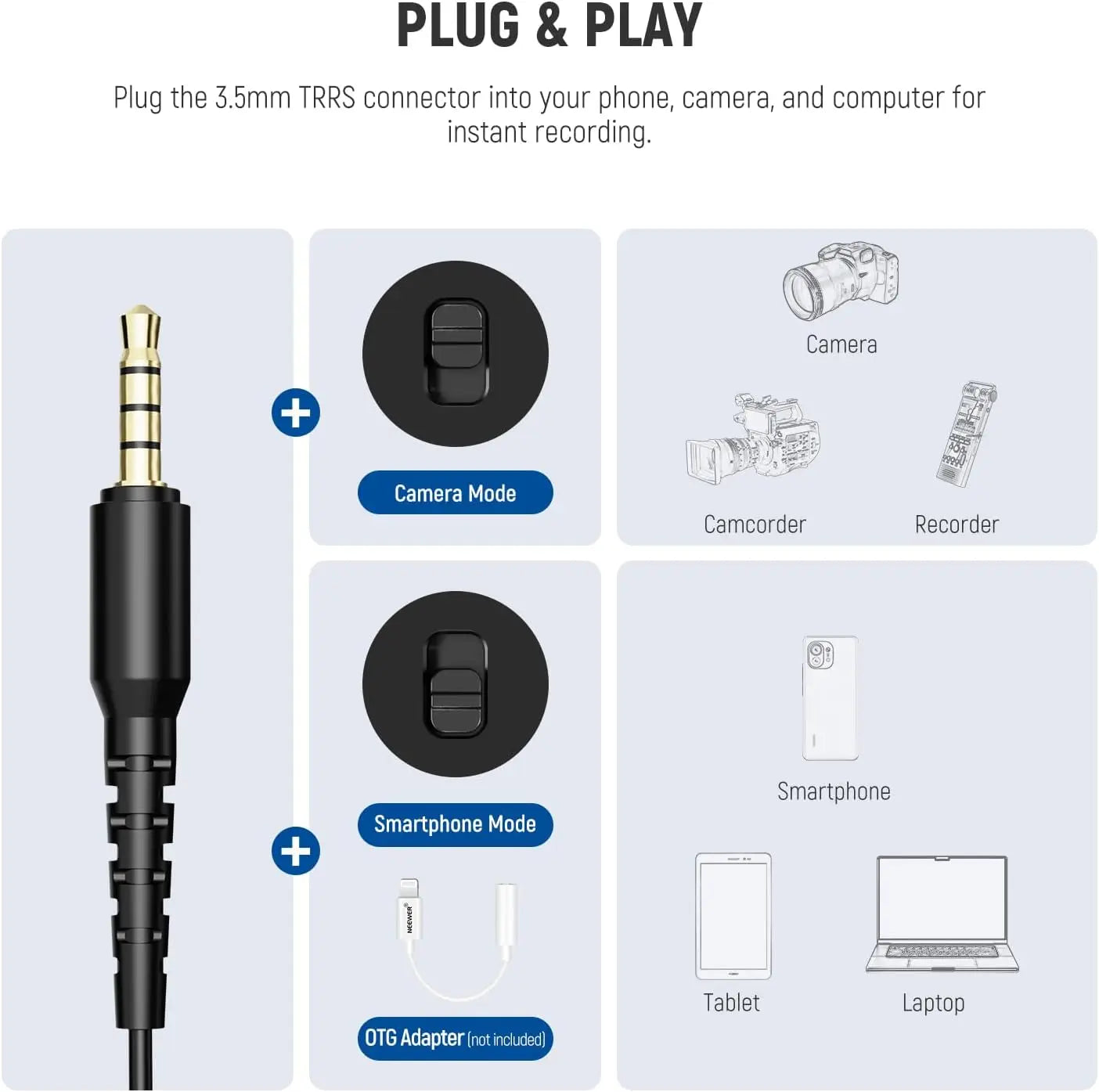 NEEWER 3.5mm TRRS Lavalier Lapel Microphone Plug & Play Mini Clip on Mic Omnidirectional Condenser for Camera Phone PC  CM10