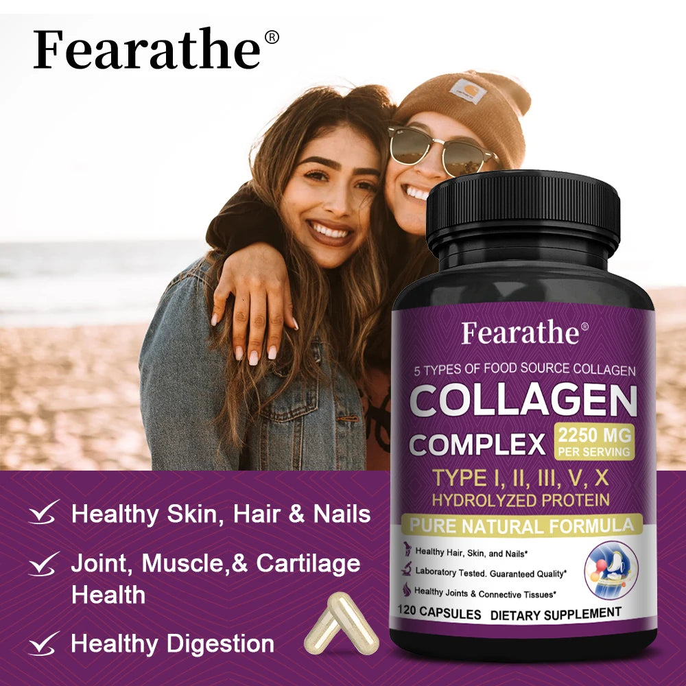 Multi-Collagen Capsules for Men and Women - Hydrolyzed Type I II III V X for Skin, Hair, Nails, Bones, Joints, Nutrition