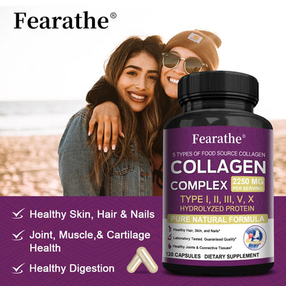 Multi-Collagen Capsules for Men and Women - Hydrolyzed Type I II III V X for Skin, Hair, Nails, Bones, Joints, Nutrition