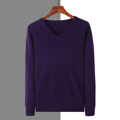 Men's 100% Pure Mink Cashmere Sweater V-neck Pullover Knit Bottoming Shirt Autumn And Winter New Long-Sleeve High-End Mink Tops