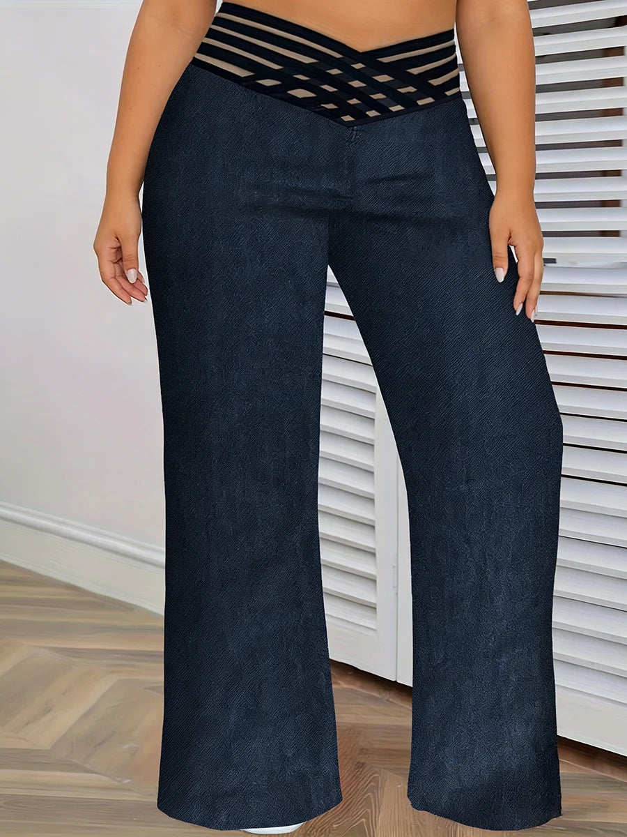 Plus Size Women's Jeans High Waist Crisscross Mesh Wide Leg Denim Bottoms Casual Spring Summer Stretchy Bottoms