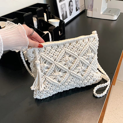 Handmade Cotton Crossbody Bag - Vintage Tassel Shoulder Messenger for Women Summer Beach Handbag 2023