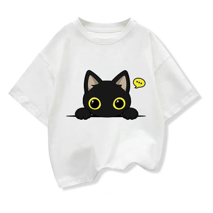 Original Design Summer Kids Clothing Short Sleeve tee t shirt Cute Black Cat Graphic Tee Tops Boys girls t shirts Pure Cotton