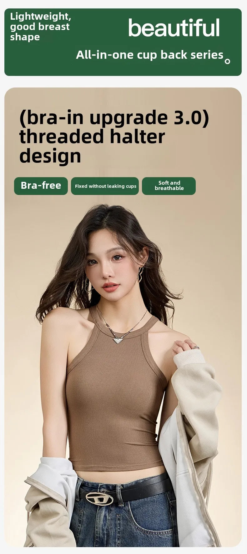 Threaded Halter Neck Camisole Top With Build-in Bra High Elastic Slim-fitting Sling Fixed Cup Breathable Women Underwear