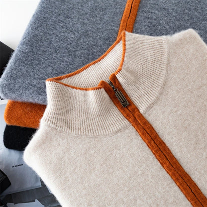 Men's 100% Cashmere Pullover Sweater Autumn/Winter Business Leisure Color Block Knitted Loose Fit Half High Collar Zipper Top